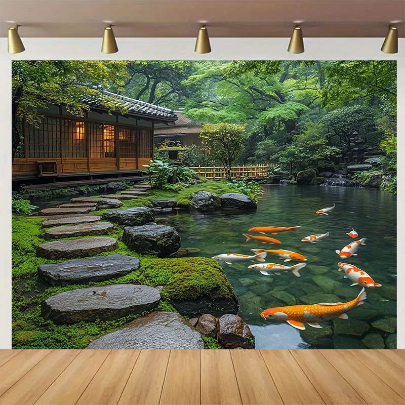 2D Flat 1pc  Tranquil Japanese Garden Tapestry With Pebble And Koi Pond Design Suitable For Living Room Bedroom Office