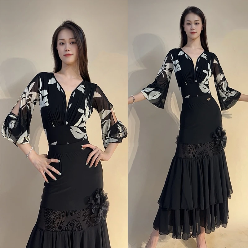 

Новый костюм для бальных танцев, женская одежда для выступлений, топы с разрезами и рукавами, черная длинная юбка, тренировочная танцевальная одежда, гоночные платья BL16934