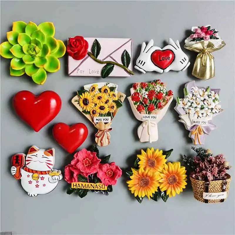 Imãs de Geladeira 3D Fofos Kawaii Rosa Girassol Obrigado Sinto Sua Falta Flor Abençoe Você Adesivos de Plantas Suculentas Simuladas