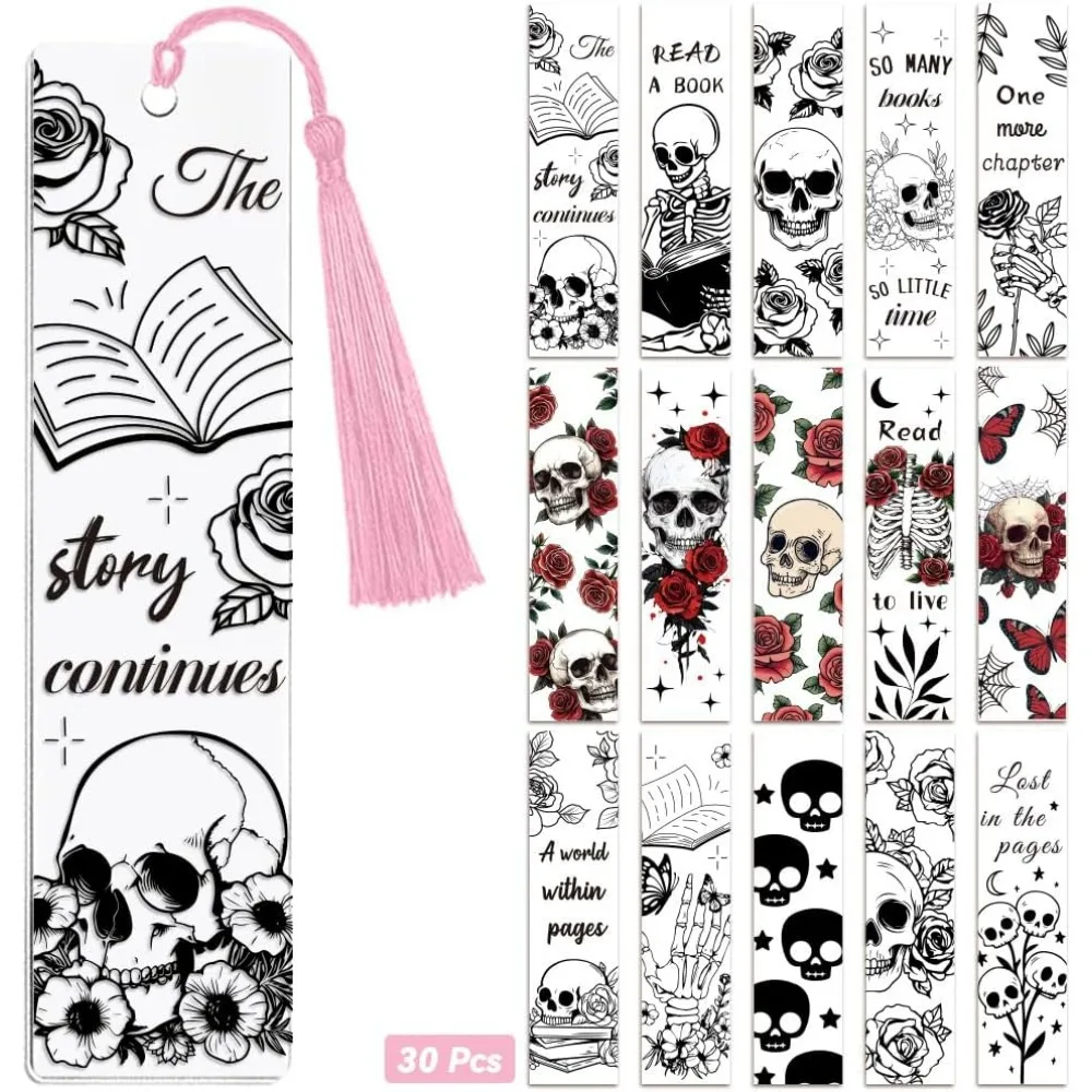 30 Stück UV-DTF-Lesezeichen, Wraps, Transferaufkleber, Totenkopf und Blume, für Damen und Herren, zum Lesen, wasserfester Lesezeichen-Aufkleber (kein leeres Buch).