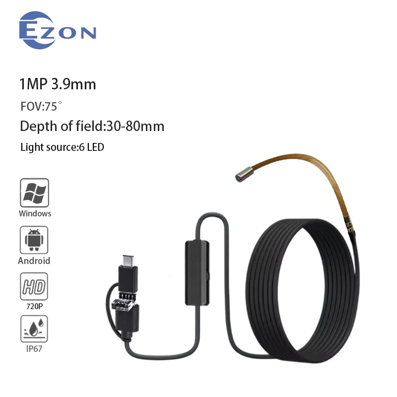 

1MP 3.9mm FOV 75° Industrial Endoscope Camera for Pipeline Inspection 1.5m USB Type-C Android 3-in-1 Soft Cord Endoscope Camera