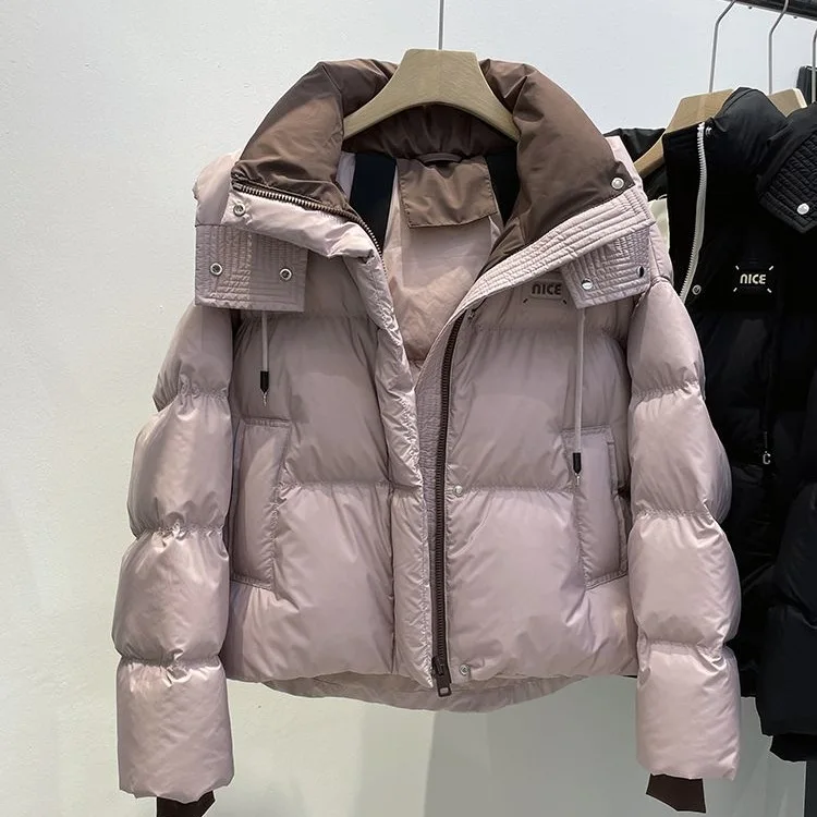 

Short hooded cotton jacket for women in autumn and winter 2025 new color blocking loose shoulder straps bread jacket