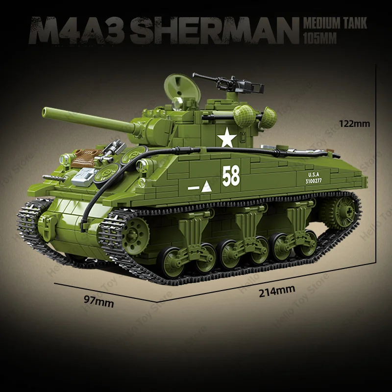 Military M4A3 Sherman Medium Tank Building Blocks WW2 Tank US Forces Army Weapon Model Armor Car Figure Bricks Kids Toys Gifts