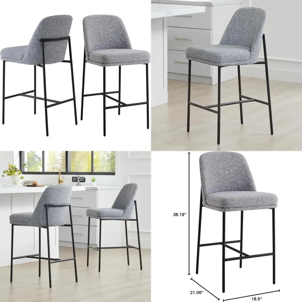 set of 2 fsc certified metal counter height bar stools with grey fabric seats for kitchen island, 27
