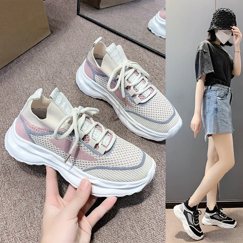 Women's Sneakers Casual Comfortable 2024 Spring Lace-Up Platform Outdoors Lightweight Breathable Mesh Low Top Ladies Shoes