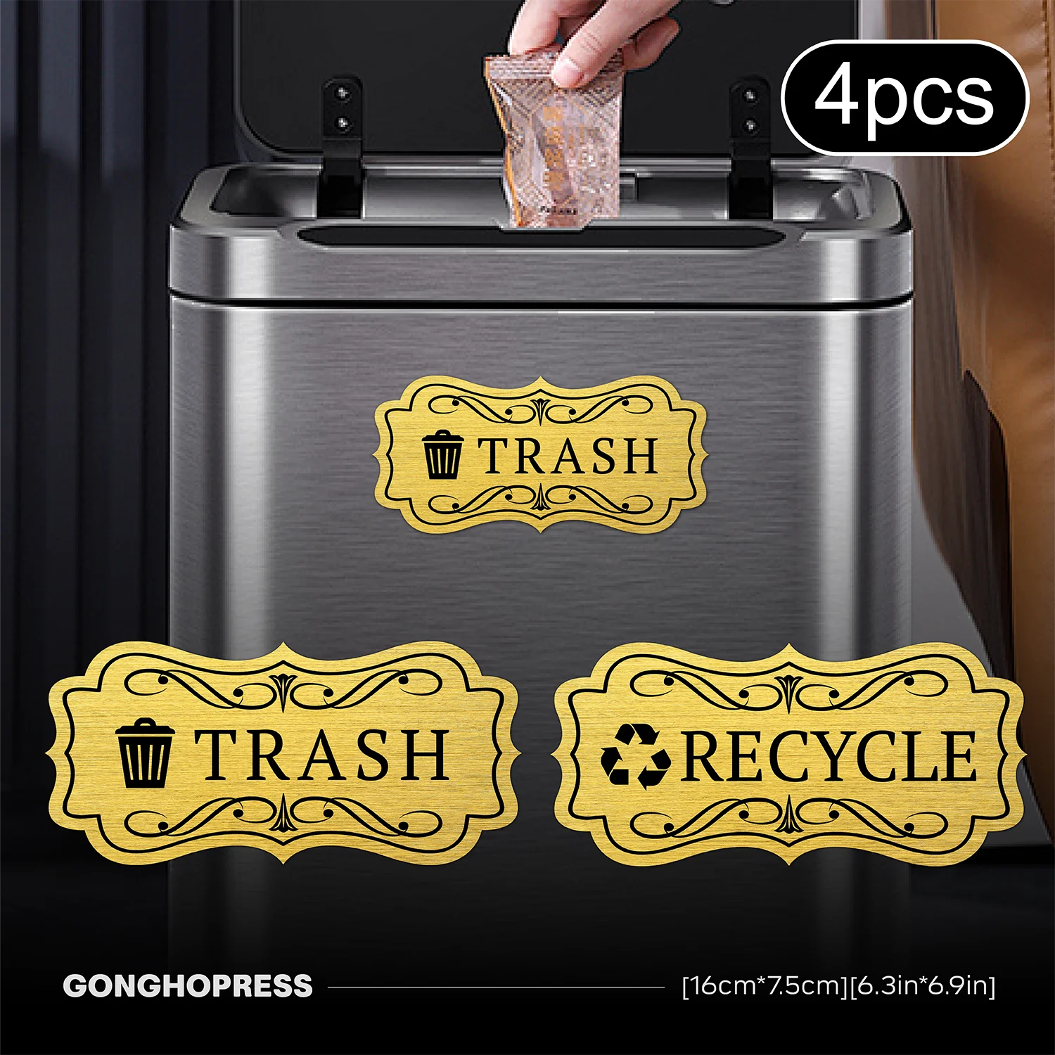 4PCS Trash Can Labels Recycle Sticker Set, Brushed Gold Silver PVC Waterproof Self Adhesive Garbage Bin Decals for Kitchen Home