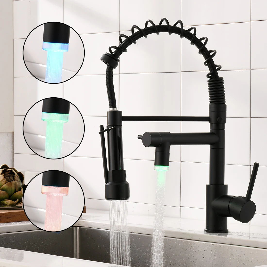 LED Commercial Kitchen Faucet with Pull Down Sprayer, Single Handle Single Lever Kitchen Sink Faucet