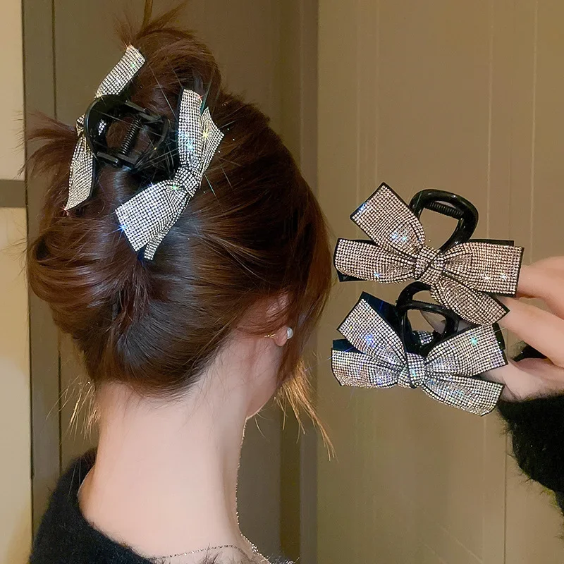 Korean Style Black Silver Color Bowknot Hair Claws Clips for Women Rhinestones Clamps Clip Headwear Girls Jewelry