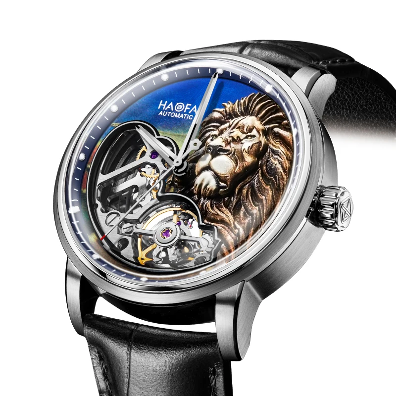 Haofa Skeleton Automatic Mechanical Watch for Men 3D Lion Sapphire Luminous Waterproof Stainless Steel Men Watch Business 2265