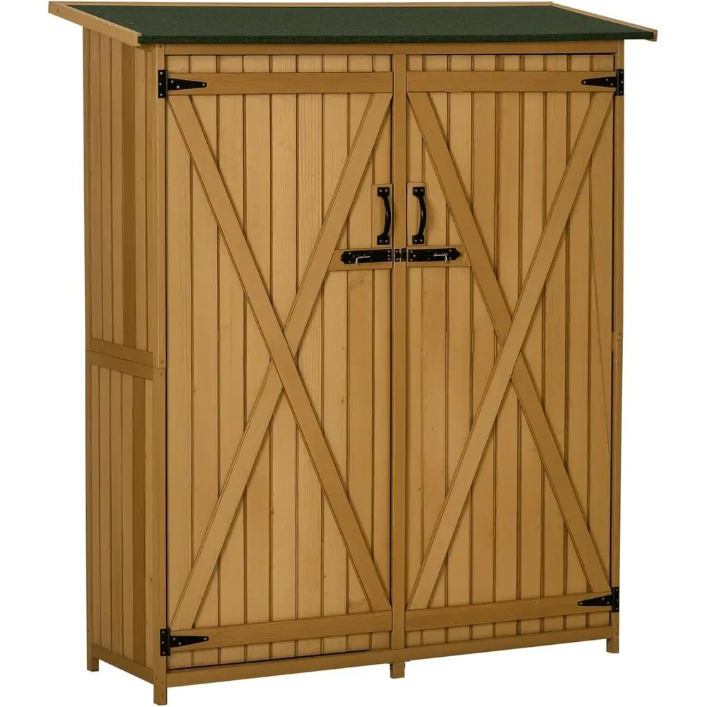Wooden Outdoor Storage Cabinet with Waterproof Roof, Lockable Door, 3-Tier Shelves for Garden Tools and Lawn Equipment