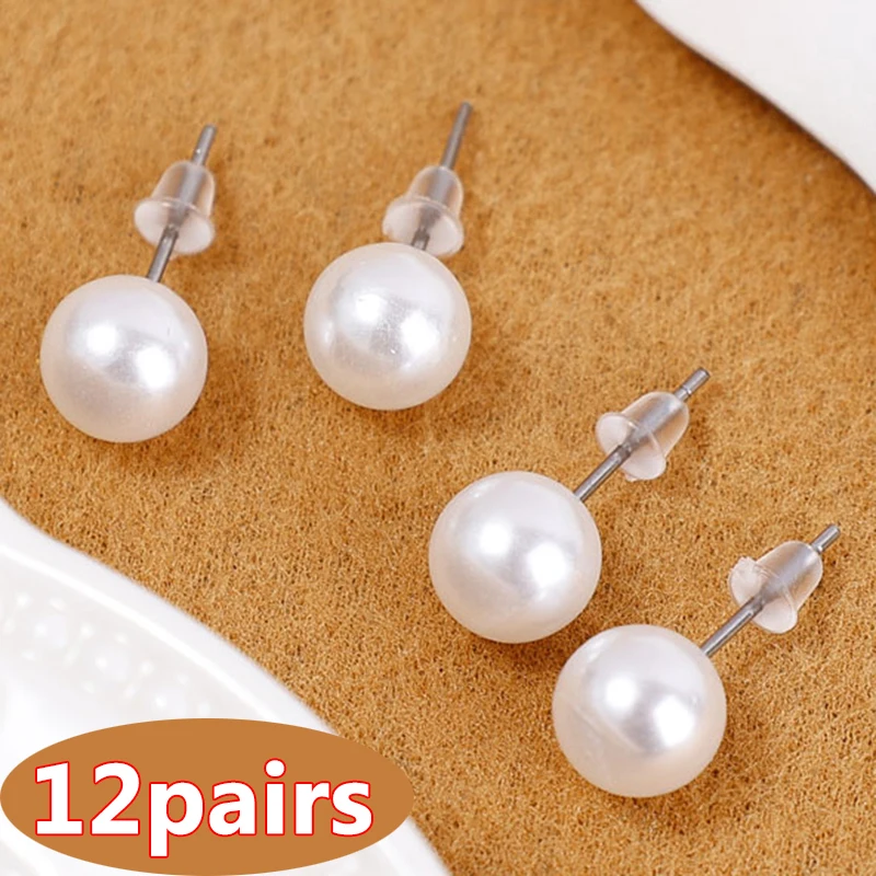 12 Pairs White Pearl Stud Earrings Fashion Spherical Stud Earring Popular Jewelry 24 Pcs/set Gift Simple Elegant Banquet Jewelry