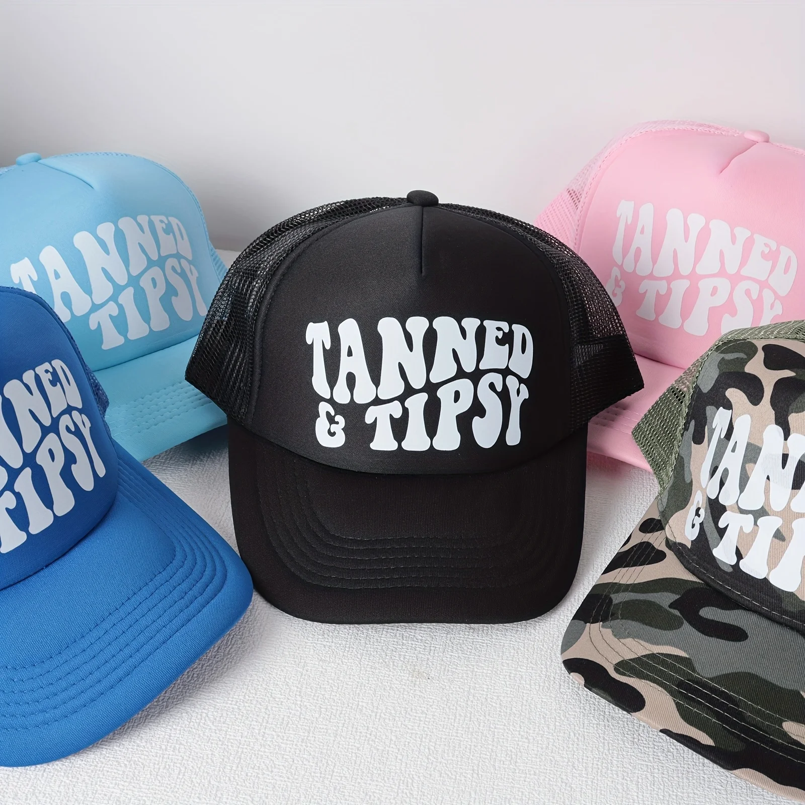 TANNED AND TIPSY Graphic Print Sponge Truck Hat - Breathable Soft-Top Beach Vacation Style Cap for Men & Women, Perfect for Pool