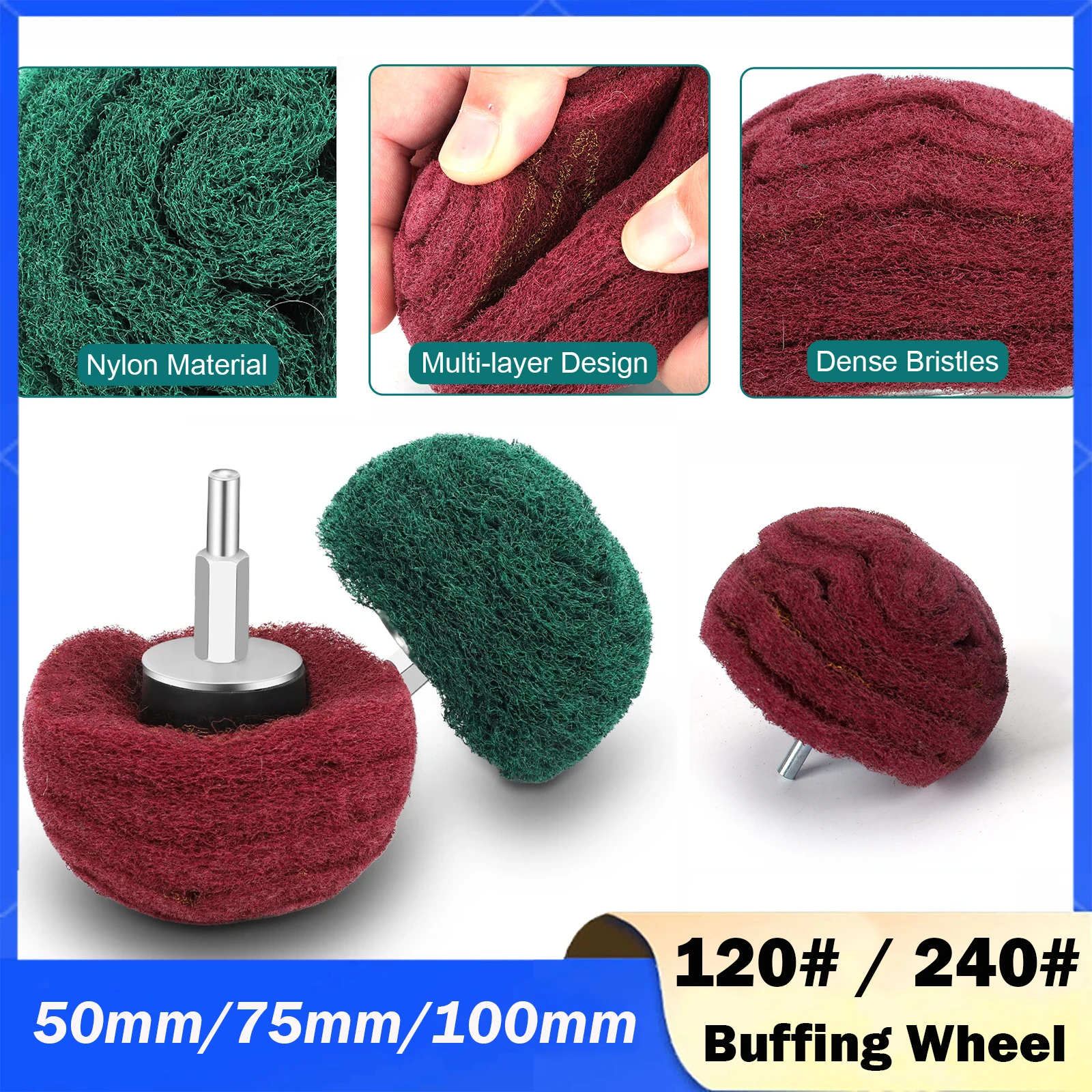 

1/4" Mounted Sanding Polishing Pad Buffing Wheel Nylon Fiber Abrasive Scouring Buffing Wheel Green 120# Red 240# 50mm/75mm/100mm