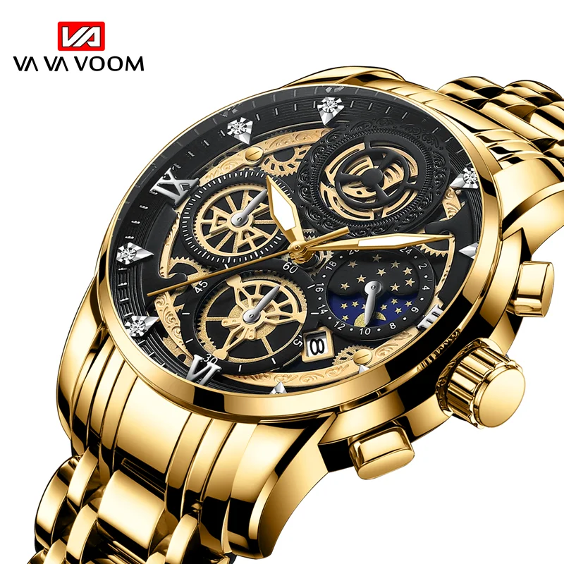 Luxury Men Sports Watch VA VA VOOM Fashionable Male Rhinestone Silver Black Stainless Steel Quartz Waterproof Casual Mens Watch