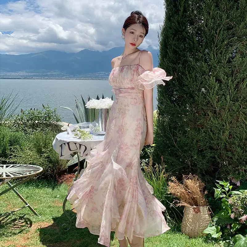 SOIOMES Chiffon Floral Camisole Dress for Women, French Style One Shoulder Puff Sleeve Vacation Style Super Fairy Long Dress