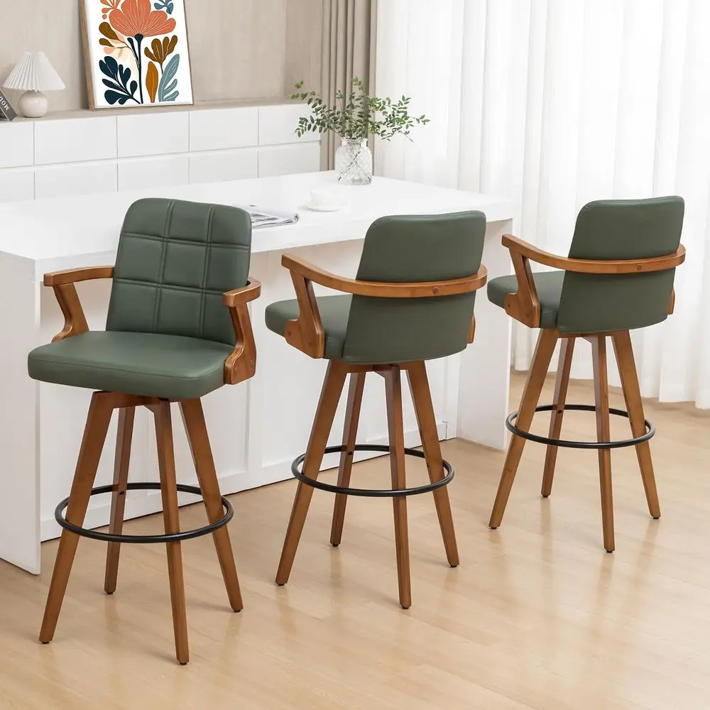 

Bar Stools Set of 3 30 inch Mid Century Bar Stools with Curved Back and Arms, Walnut Craftsmanship, Faux Leather Seat, Kitchen