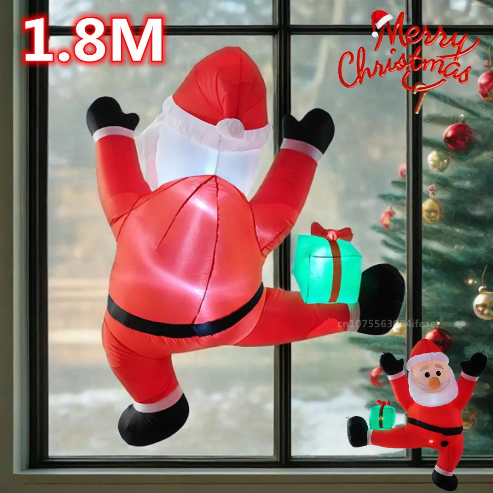 1.8M/6FT Christmas Climbing Inflatable Santa Claus Built-in LED Lights Sit Santas Green Bag Xmas Decor Yard Cafe Outdoor Props