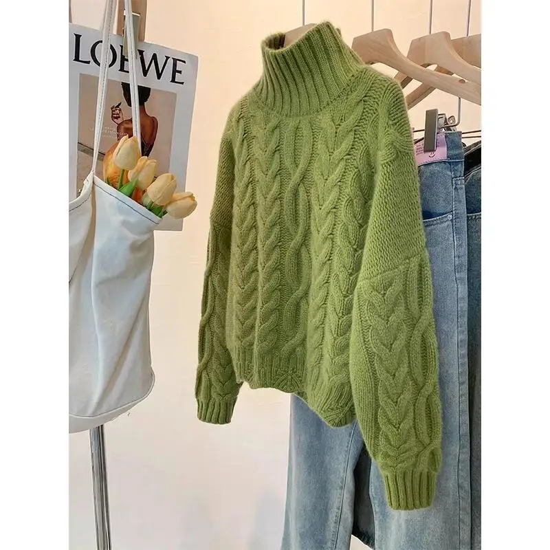

Green turtleneck twist sweater women autumn winter thickened high-end loose lazy style short knitted sweater winter tops