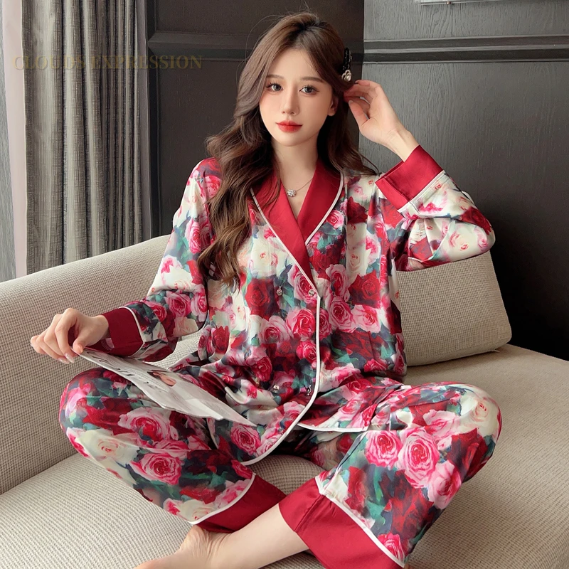 Spring Autumn Ladies Pjs Faux Silk Satin Elegant Pajama Sets Sexy Homewear Womens Casual Luxury Pajamas Pyjamas Female Sleepwear