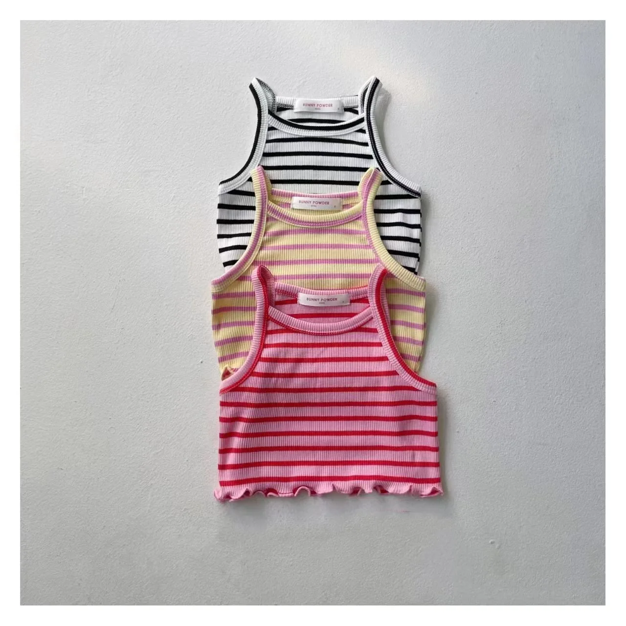 T230109 Girls Color Block Stripe Sleeveless Top with Contrast Trim Short Strap Shirt for Kids Brightly Colored Ribbed Design