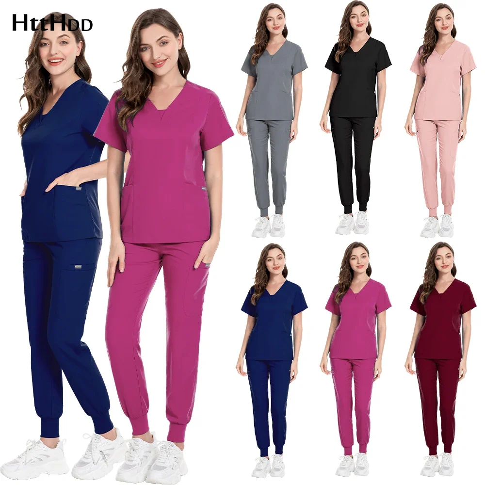 

Black Doctor Beauty Workwear Suit Clinic Surgical Scrub Uniform Solid Nursing Salon Grooming Clothes Lab Suit Beautician Uniform