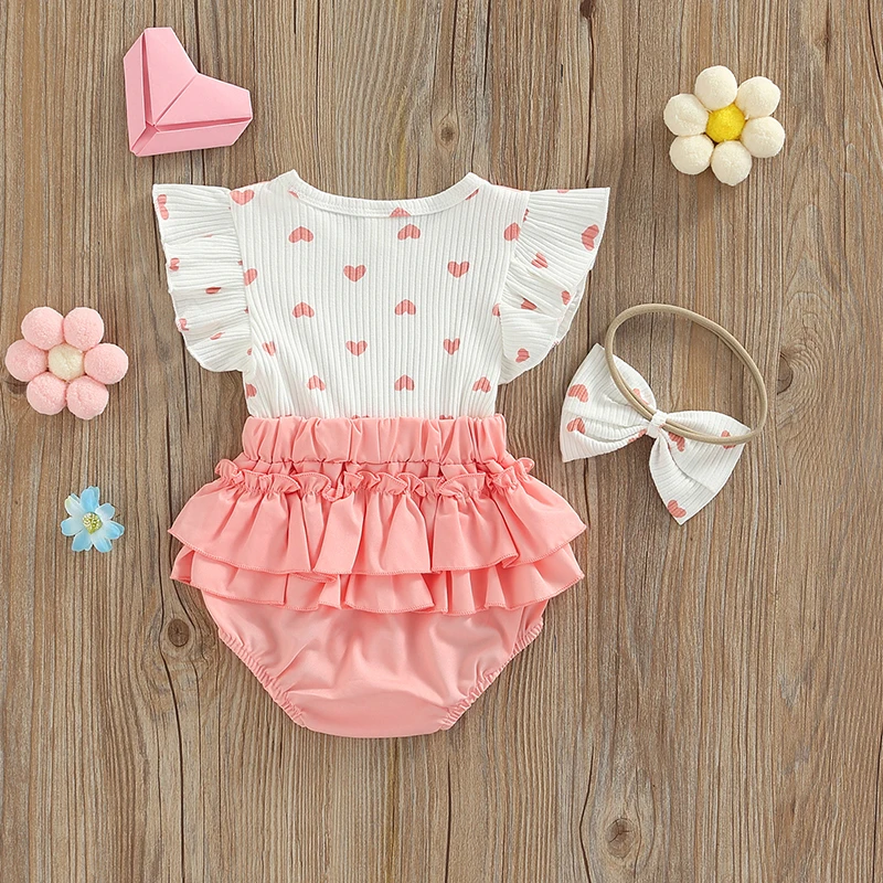 Infant Girls Layette Pink Heart Pattern Fake Two Pieces Romper and Bow Knot Headdress