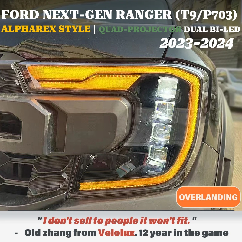 For Ford Ranger T9 P703 2023-2024 Overlander LED Headlights assembly w/ Quad Projector Sequential C-Clamp DRL Dynamic Animation