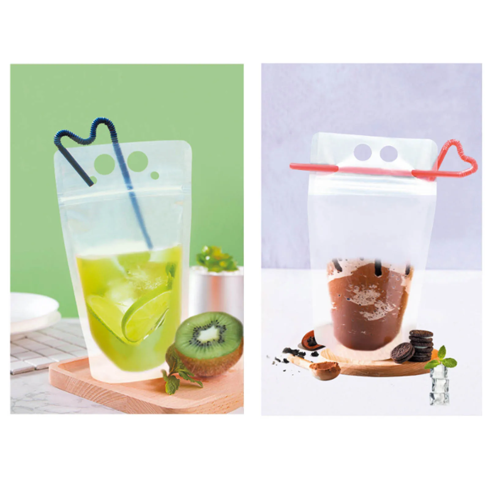 50Pcs Beverage Packaging Bags With Straws 1000ml Frosted Transparent Stand Up Liquid Drinking Pouches For Home Outdoor