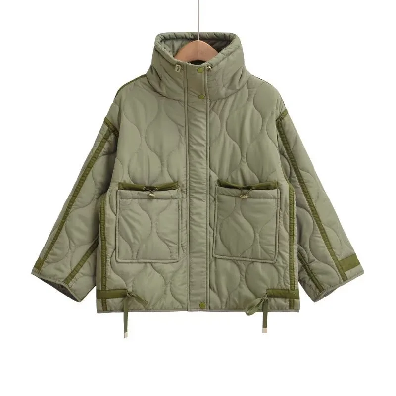 JHJN Chaqueta de algodón de cuello alto para mujer, Tops de Color sólido, prendas de vestir exteriores con empalme verde militar, chaqueta con bolsillo, nueva ropa femenina de invierno