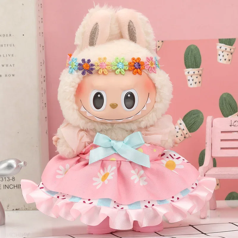 

Kawaii Sweetheart Flower Layered Dress Set for 17cm Labubu Doll Accessories Cute Hairpin Pullcloth Set Exquisite Gift