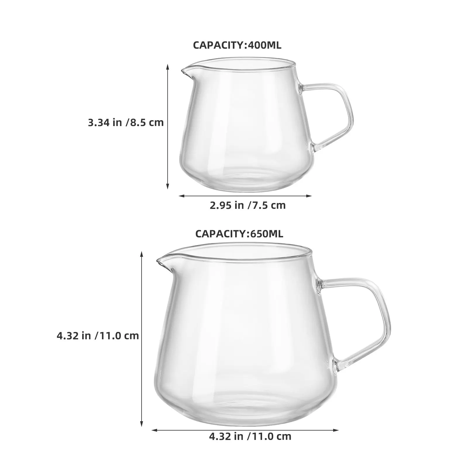 2Pcs Transparent Glass Coffee Pot Server 650Ml 400Ml Heat Resistant Manual Pour Coffee Carafe Visual Brewing Control Elegant