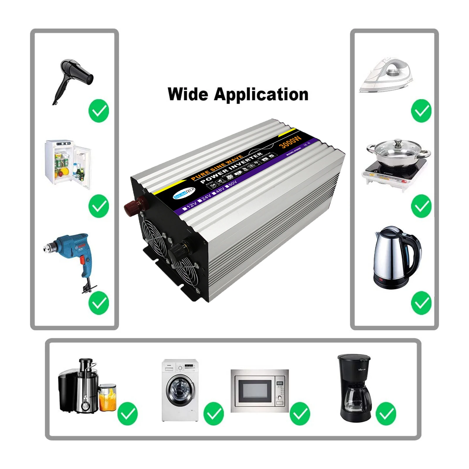 3000 واط عاكس الطاقة 12 فولت تيار مستمر إلى 220 فولت محول تيار متردد مع 2 منافذ تيار متردد شاشة LCD مزدوجة للثلاجة/مجففات الشعر/الغلايات