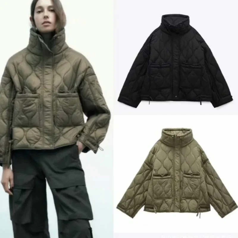 通勤レトロ婦人服ルーズ長袖レースアップショートジャケットグリーン巾着スタンドカラーポケット飾り女性コート