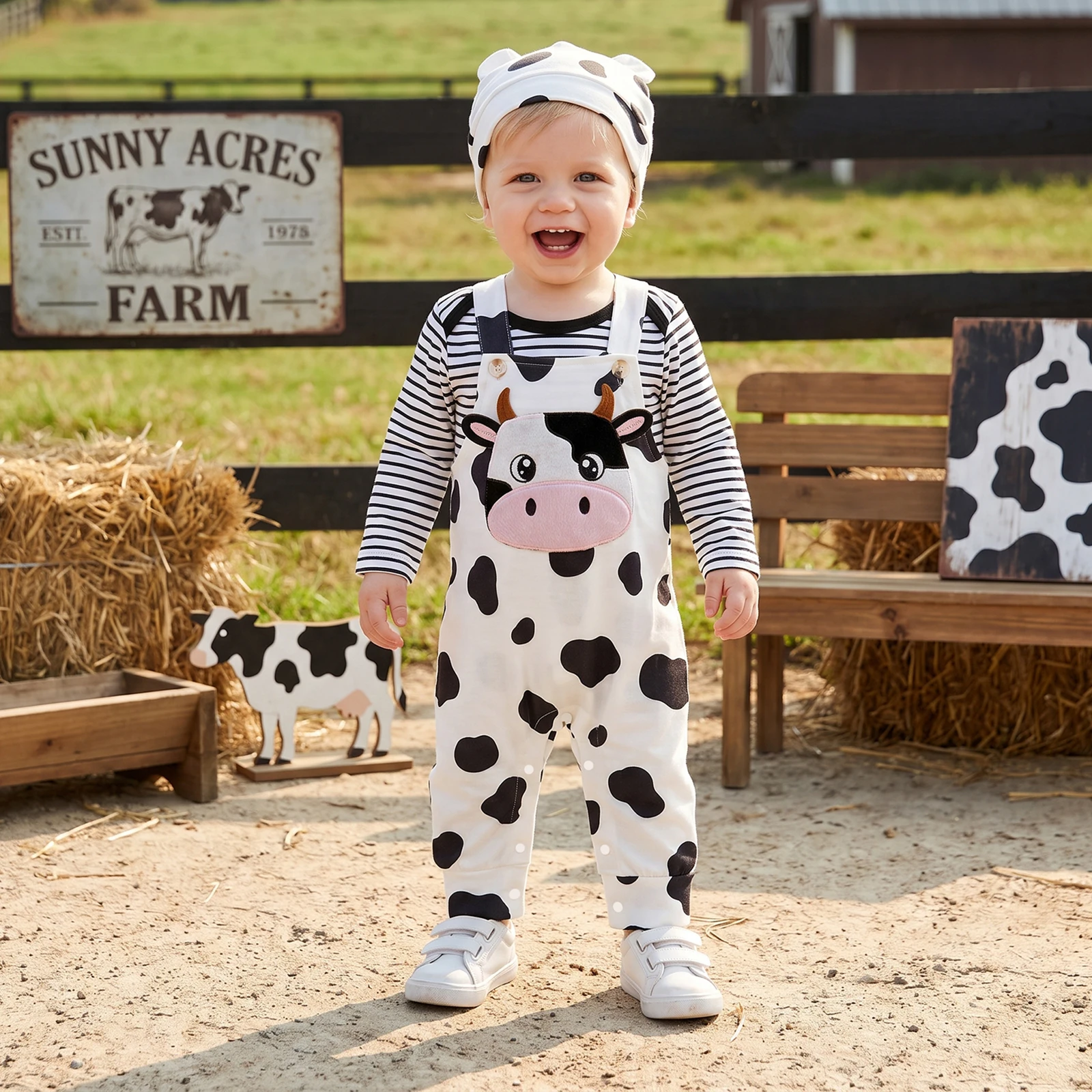 Baby Boy Fall Animal Outfits Stripe Print Long Sleeve Romper Overall Pants and Hat Cute Boys Costume Autumn Clothes Set