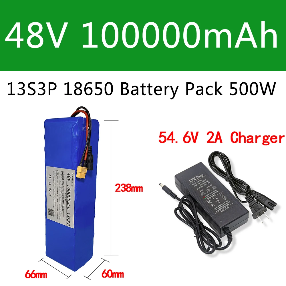 48V Battery 100Ah 500w XT60 DC 18650 Lithium ion Battery Pack For 54.6v E-BK with BMS 2A charger