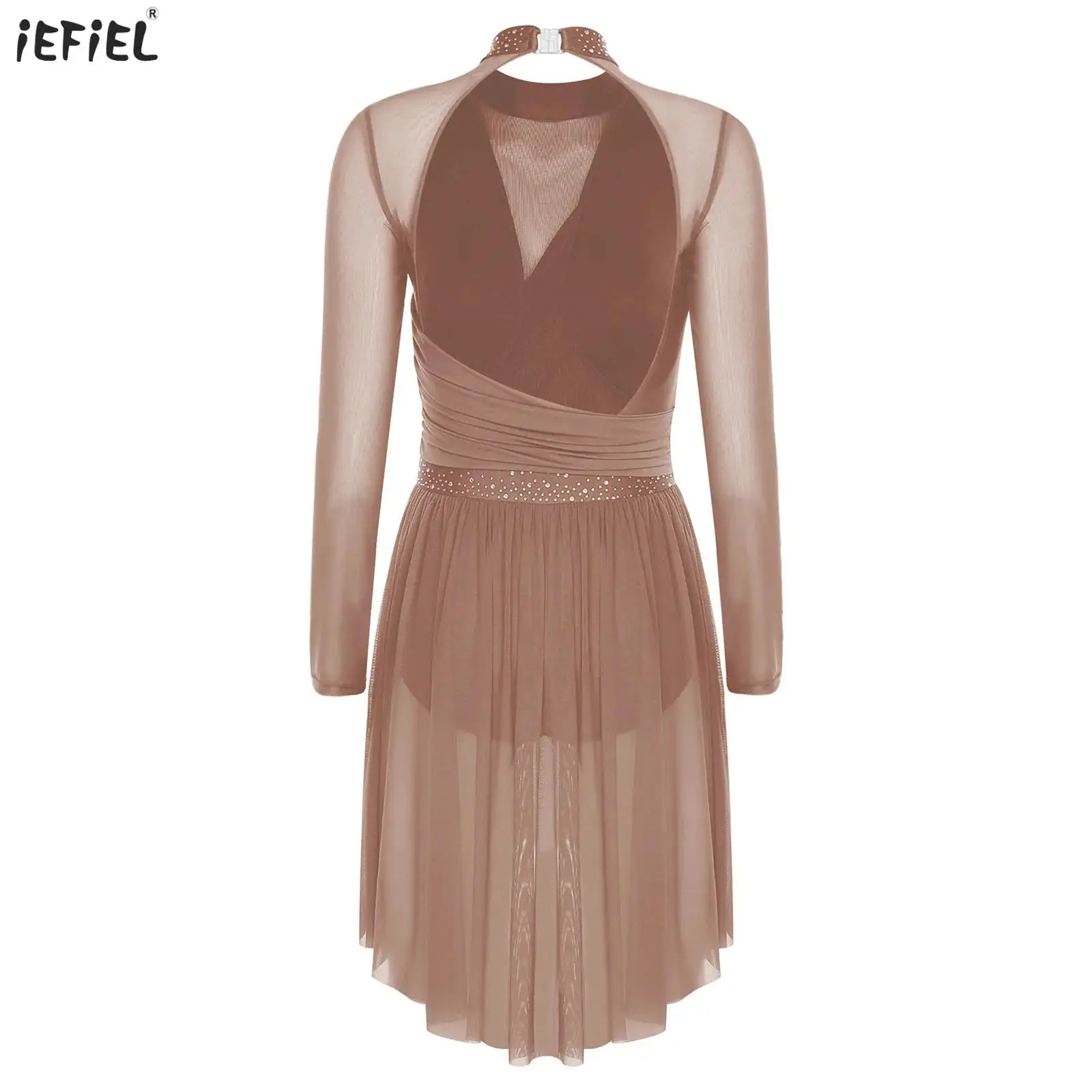 

Women Lyrical Dance Dress Modern Contemporary Dance Costume Rhinestone Long Sleeve Ruche Backless One Piece Ballet Leotard Dress