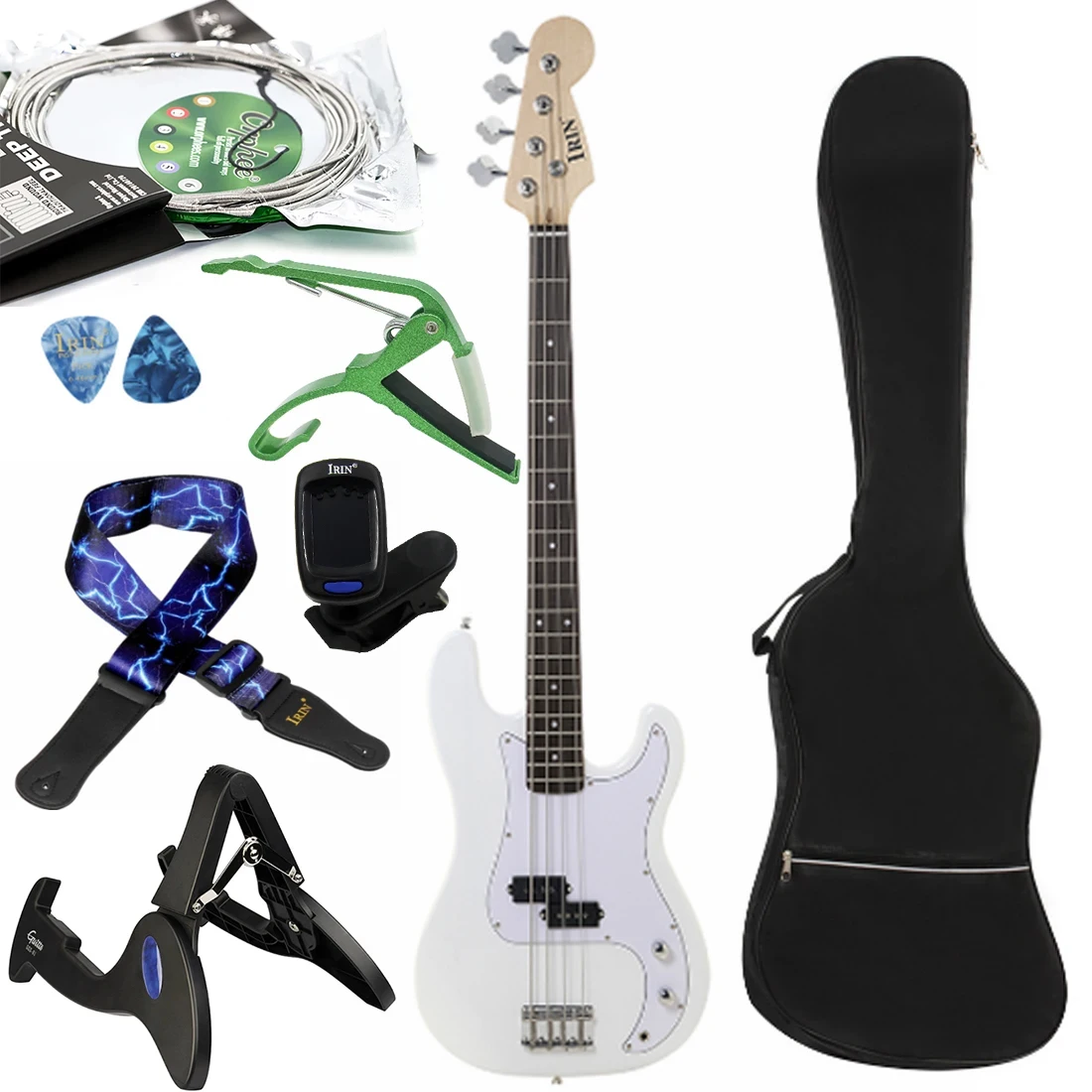 IRIN White 4 String Electric Bass 20 Frets Basswood Body Bass Guitar with Tuner Strings Capo Stand Strap Accessories