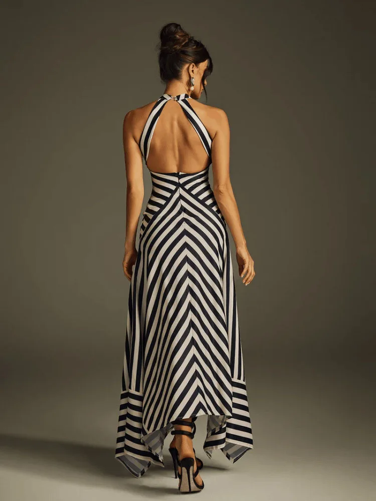 أنيقة الرسن بلا أكمام مساء فستان طويل المرأة مثير عارية الذراعين الجوف خارج فستان الحفلات موضة مخطط طباعة فساتين ضئيلة #6