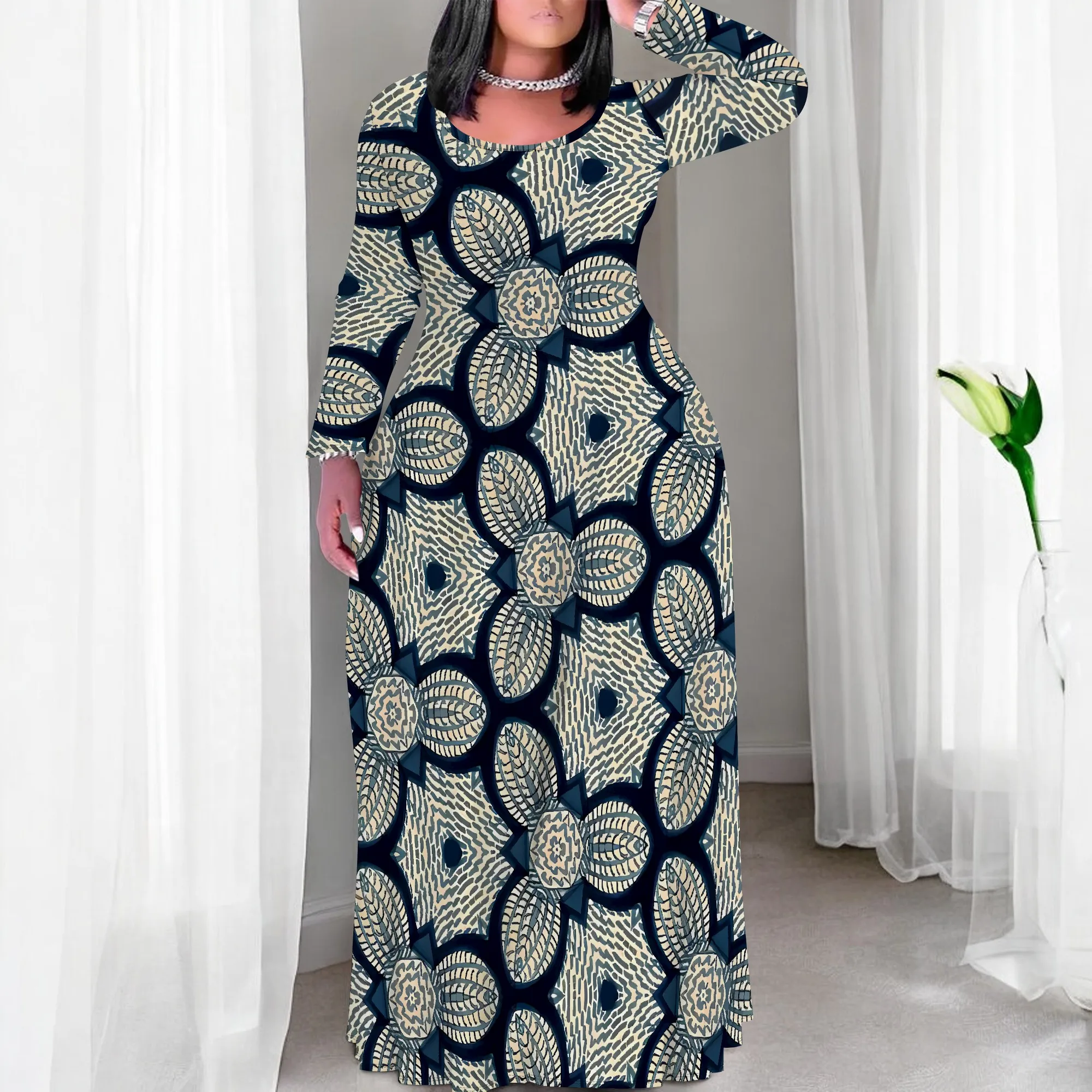 

Plus Size Long Sleeve Maxi Dress African Style Mandala Print Chic Autumn Outfit