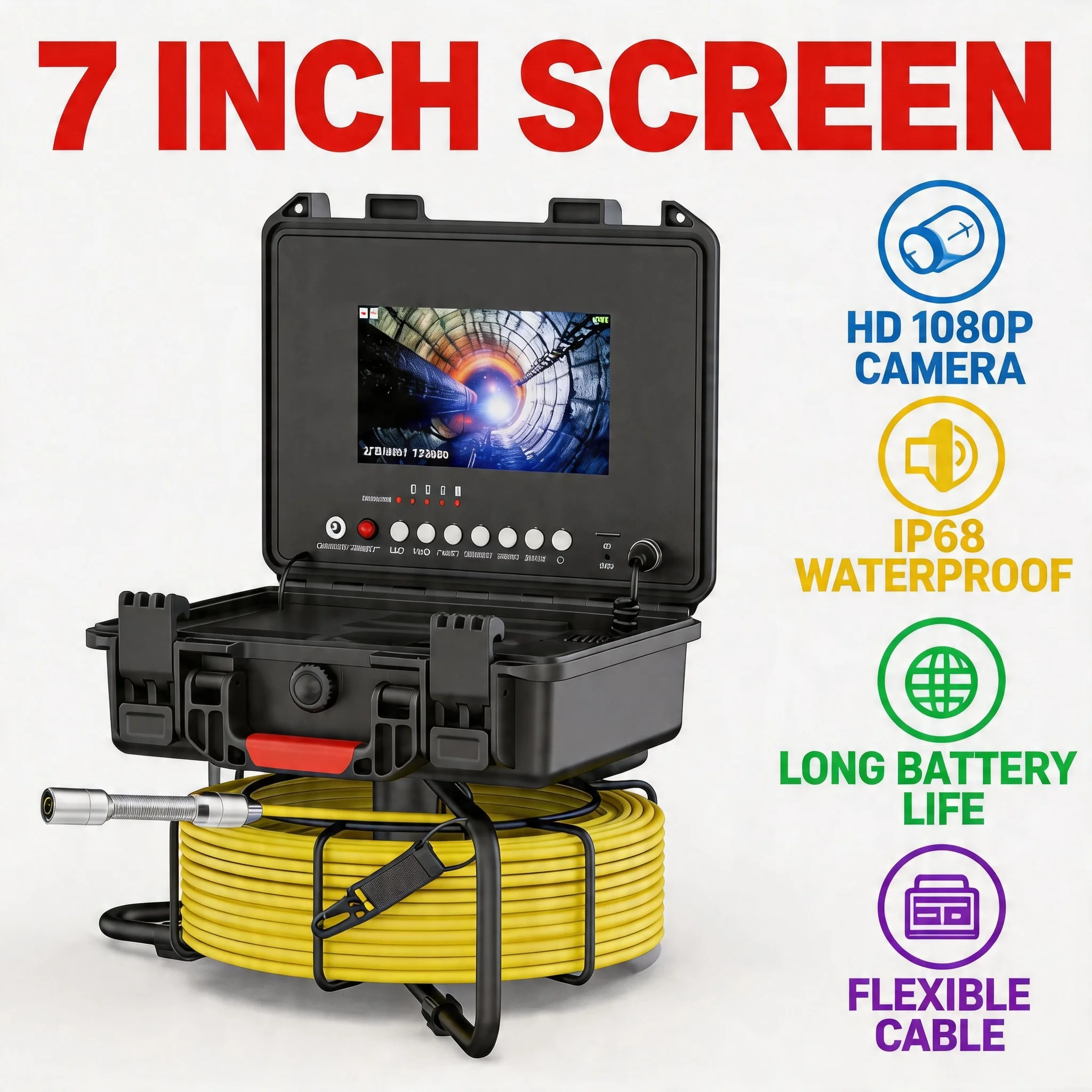 

7" 20M Sewer Camera 5mm Cable IPS 1080P DVR 16GB 12 LED Drain Pipe Inspection Endoscope Video Recording 145° Angle