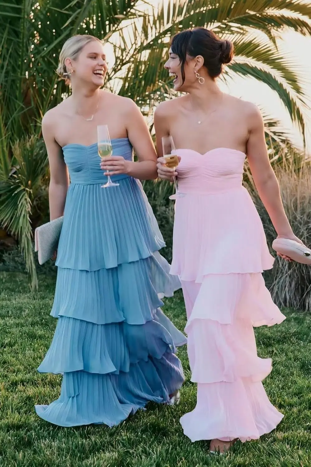 여성용 스트랩리스 레이어드 쉬폰 들러리 드레스 롱 파티 플리츠 오프숄더 볼드레스 우아한 여성용 정장 이브닝 드레스