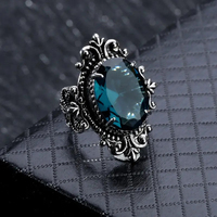 Huitan Carved Pattern Vintage Women Rings with Oval Blue CZ Stone Retro Female Rings for Party Chic Anniversary Gift New Jewelry