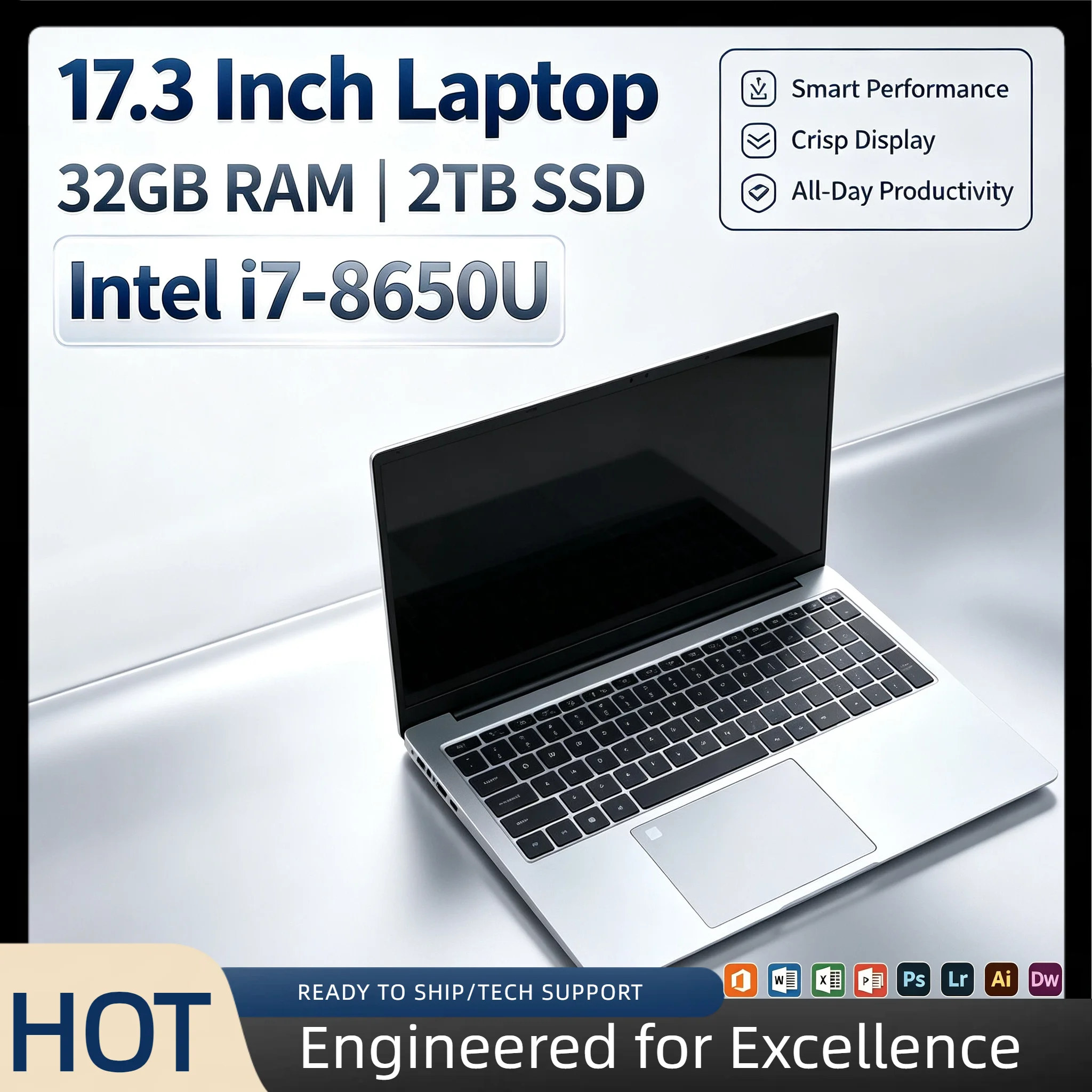 Intel i7 8650U 17.3 Inch Full Size Laptop 32GB RAM 2TB SSD Fingerprint Unlock High Performance Work Gaming Notebook Core
