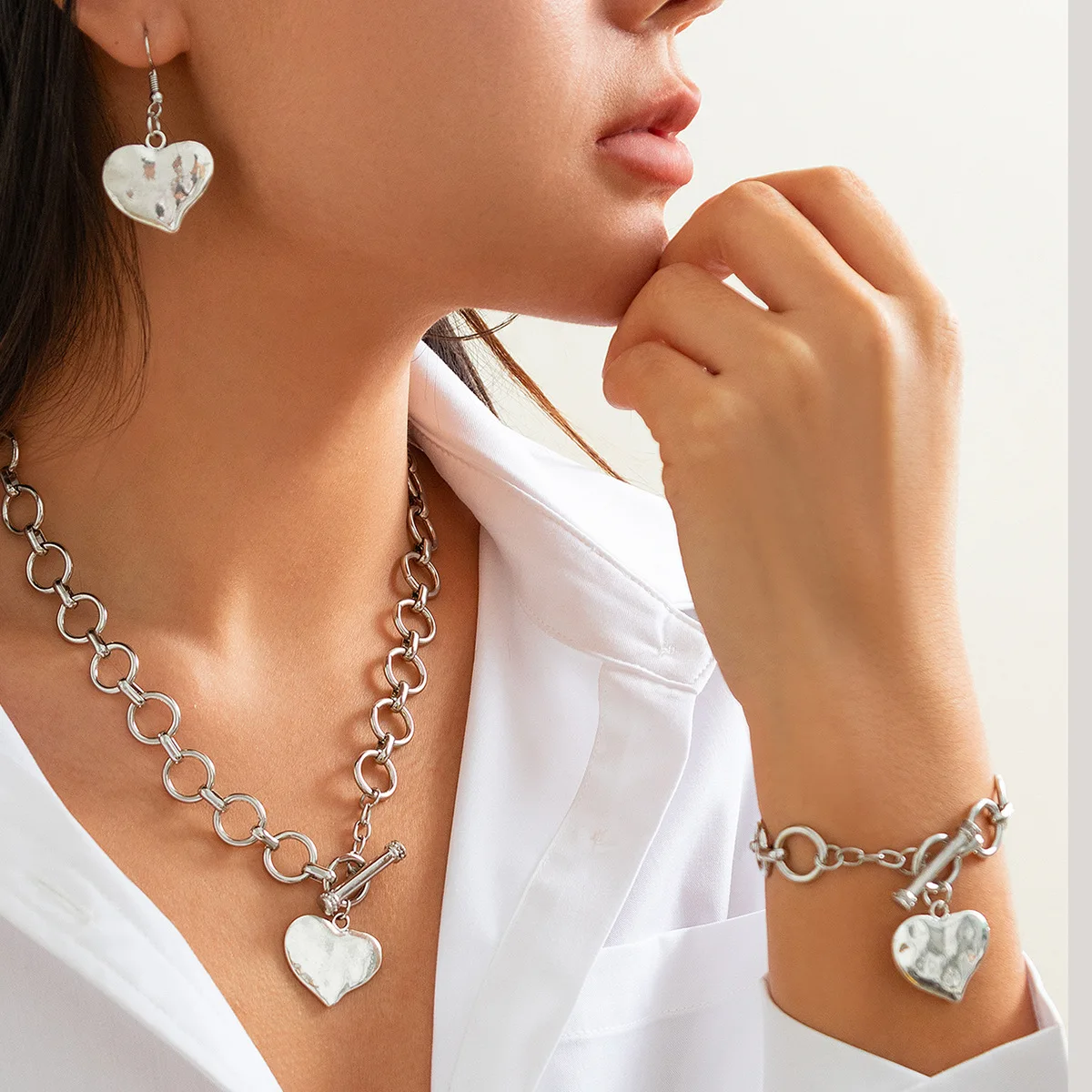 Lava Textured Heart Pendant Necklace with Crinkled Disc and Ring Unique Gold Alloy Lightweight Versatile Jewelry Women Gift