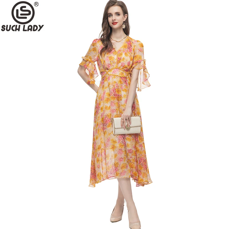 

Women's Runway Dresses V Neck Lace Piping Printed Floral High Street Fashion Summer Vestidos