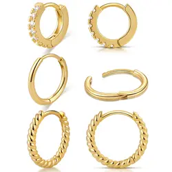 Shevalues, 3 pares de pendientes pequeños para mujer, aro clásico de oro de 14 quilates, pendientes de aro pequeños a la moda, conjunto de pendientes hipoalergénicos