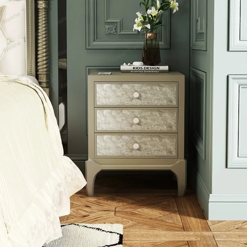 Light luxury solid wood bedside table Simple shell inlaid bedroom bedside storage cabinet
