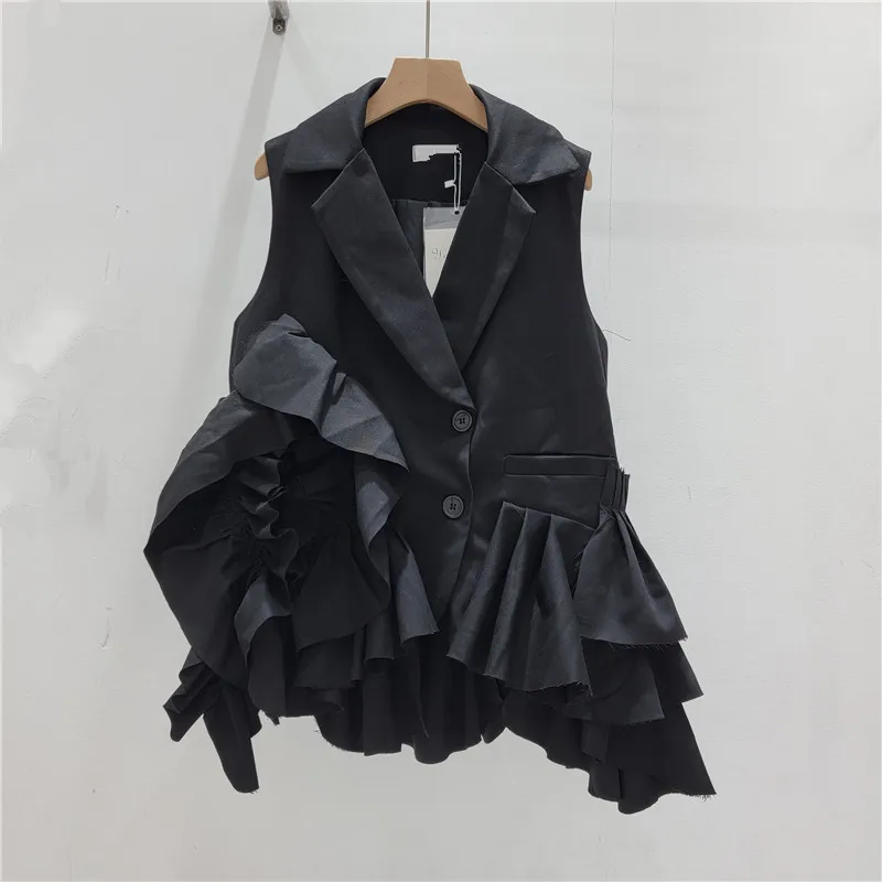 

Необычные плиссированные оборки в стиле пэчворк, черный костюм, жилет, женский пиджак, лето 202, новый корейский модный пиджак без рукавов, жилетный топ