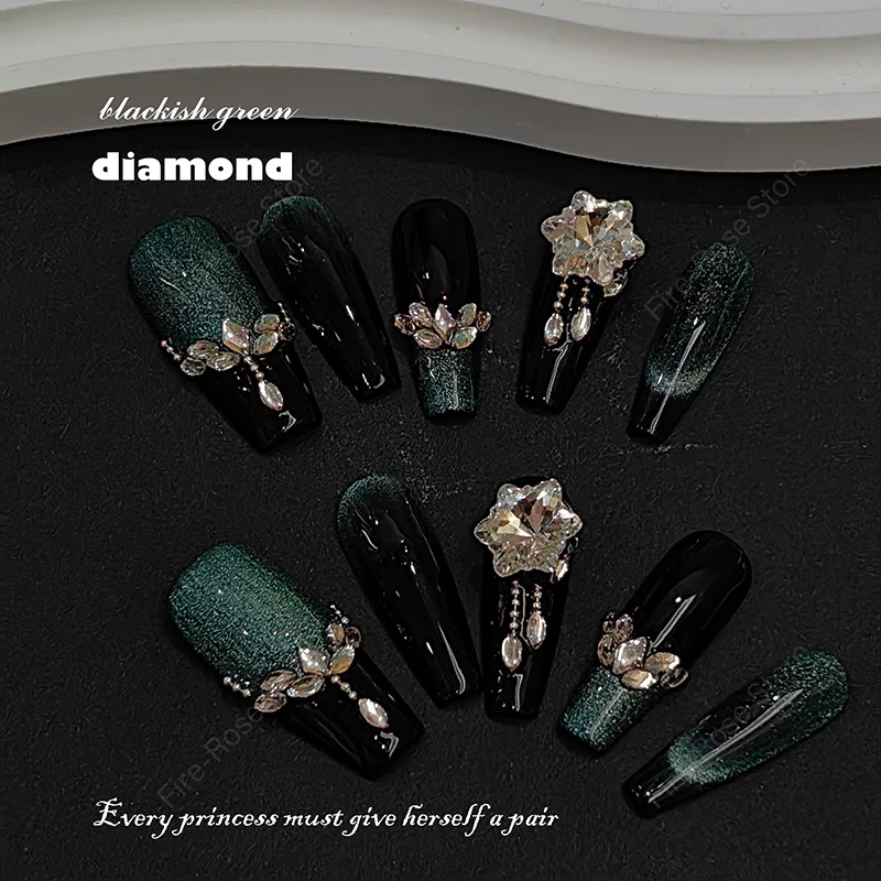 

10pcs Luxury Handmade Press on Nails Dark Green Cat Eye French Ballet Wearable False Nails Full Cover Reusable Acrylic Art Tips