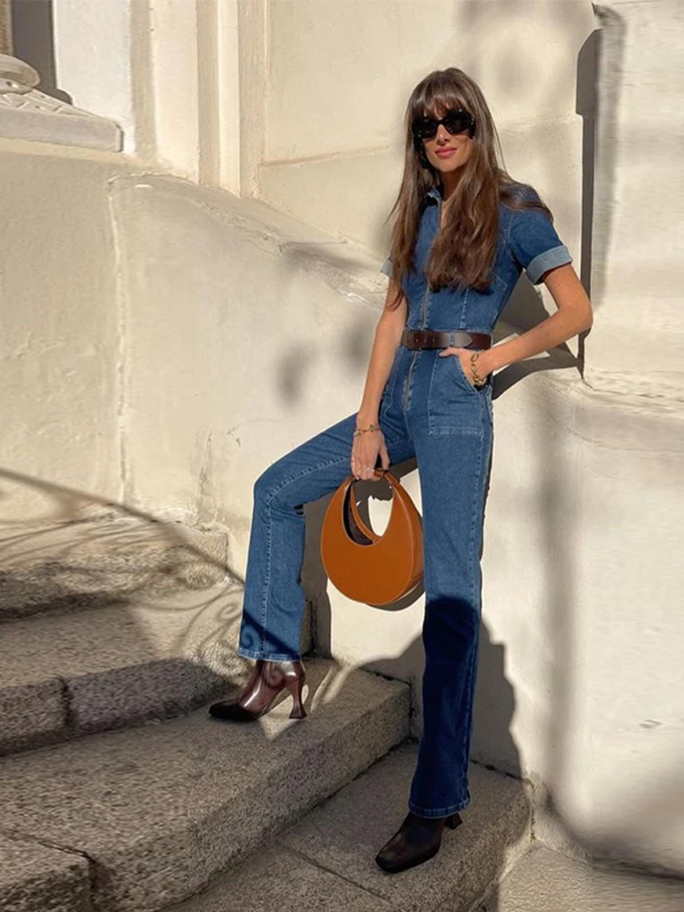 

Fashion Denim Jumpsuit Woman Vintage Lapel Collar Short Sleeve Long Trousers Sliming Female Bodysuit Retro Solid Lady Outfit